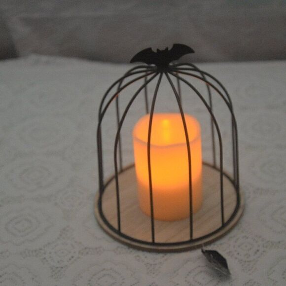 Bat Birdcage Decorative Cloche with Battery Operated Candle - Picture 2 of 3